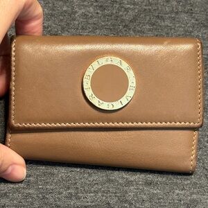 Bulgari Brown Leather Key & Card Holder with Gold Logo
